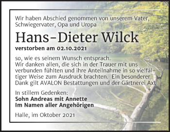Traueranzeige von Hans-Dieter Wilck von Mitteldeutsche Zeitung Halle/Saalkreis