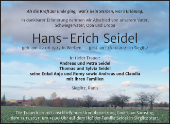 Traueranzeige von Hans-Erich Seidel von Naumburger Tageblatt