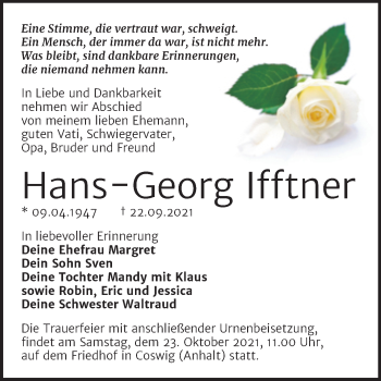 Traueranzeige von Hans-Georg Ifftner von Trauerkombi Wittenberg