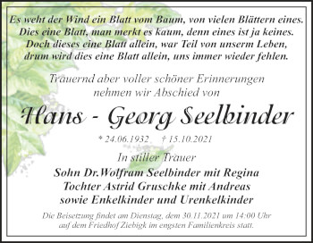 Traueranzeige von Hans-Georg Seelbinder von Trauerkombi Dessau