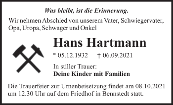 Traueranzeige von Hans Hartmann von Mitteldeutsche Zeitung Halle/Saalkreis