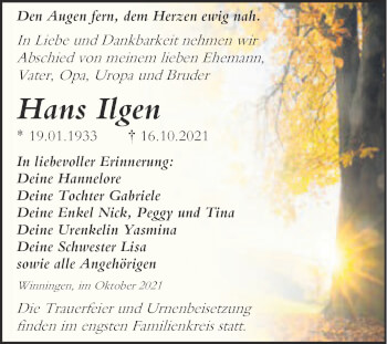 Traueranzeige von Hans Ilgen von Trauerkombi Aschersleben
