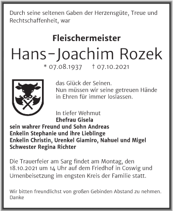 Traueranzeige von Hans-Joachim Rozek von Trauerkombi Dessau