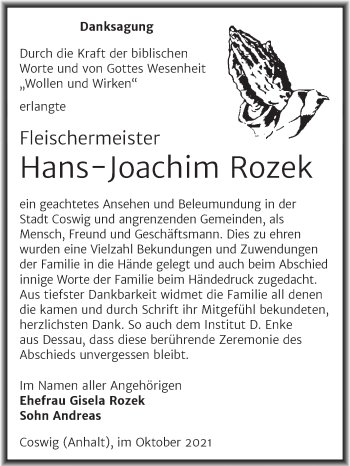 Traueranzeige von Hans-Joachim Rozek von Trauerkombi Dessau