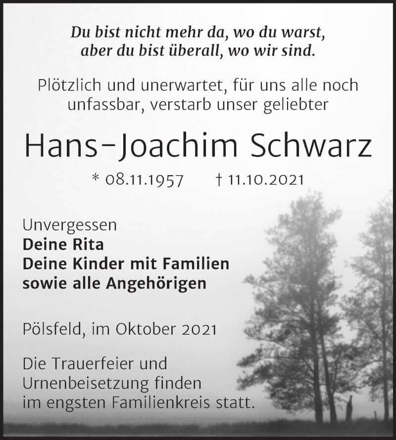  Traueranzeige für Hans-Joachim Schwarz vom 23.10.2021 aus Trauerkombi Sangerhausen