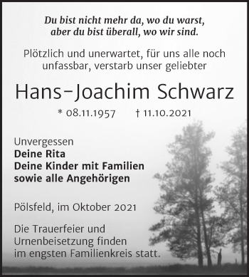 Traueranzeige von Hans-Joachim Schwarz von Trauerkombi Sangerhausen