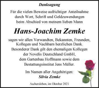 Traueranzeige von Hans-Joachim Zemke von Trauerkombi Aschersleben