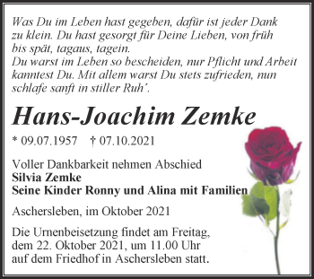 Traueranzeige von Hans-Joachim Zemke von Trauerkombi Aschersleben