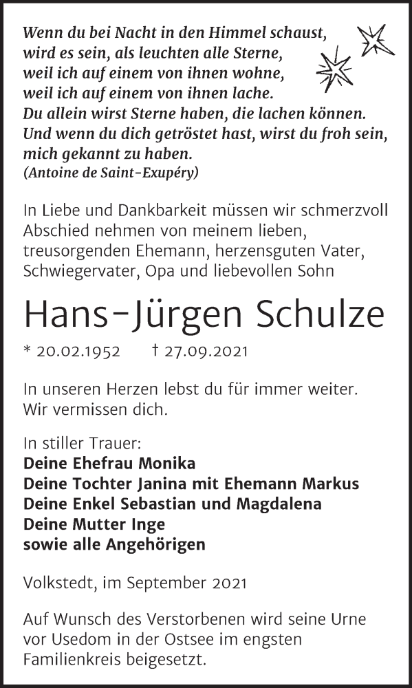  Traueranzeige für Hans-Jürgen Schulze vom 02.10.2021 aus Trauerkombi Mansfelder Land
