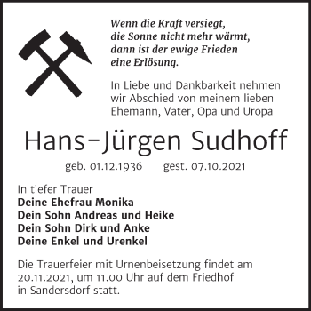 Traueranzeige von Hans-Jürgen Sudhoff von Trauerkombi Bitterfeld