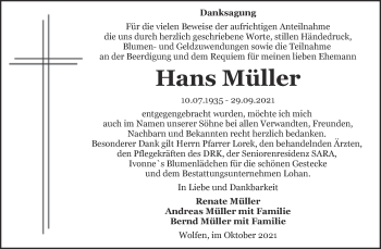 Traueranzeige von Hans Müller von Trauerkombi Bitterfeld