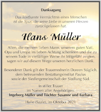 Traueranzeige von Hans Müller von Mitteldeutsche Zeitung Halle/Saalkreis
