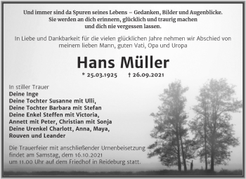Traueranzeige von Hans Müller von Mitteldeutsche Zeitung Halle/Saalkreis