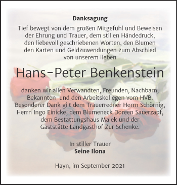 Traueranzeige von Hans-Peter Benkenstein von Trauerkombi Sangerhausen