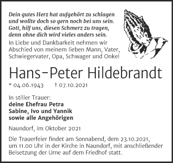 Traueranzeige von Hans-Peter Hildebrandt von Mitteldeutsche Zeitung Halle/Saalkreis