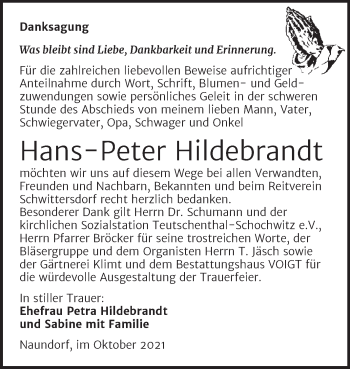 Traueranzeige von Hans-Peter Hildebrandt von Mitteldeutsche Zeitung Halle/Saalkreis