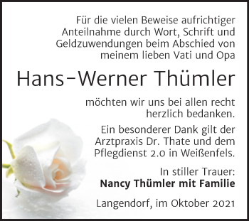 Traueranzeige von Hans-Werner Thümler von Trauerkombi Weißenfels