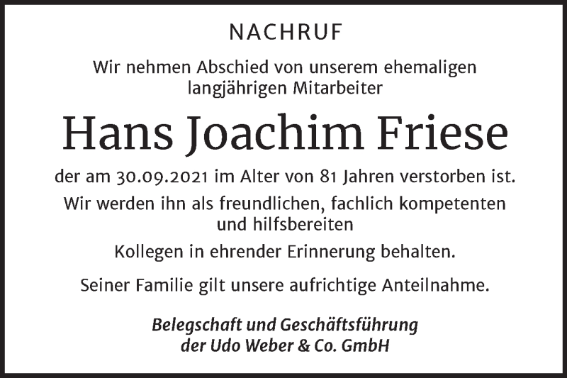  Traueranzeige für Hans Joachim Friese vom 16.10.2021 aus Super Sonntag Aschersleben