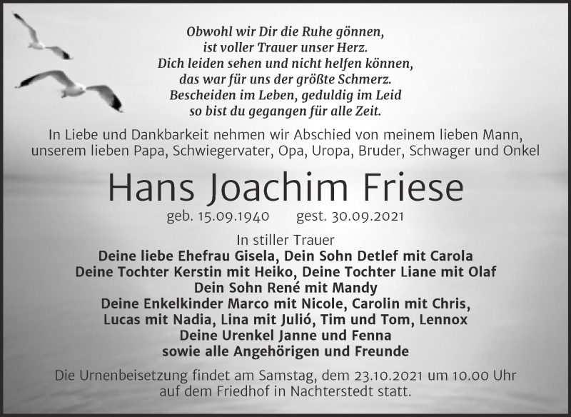  Traueranzeige für Hans Joachim Friese vom 09.10.2021 aus Trauerkombi Aschersleben