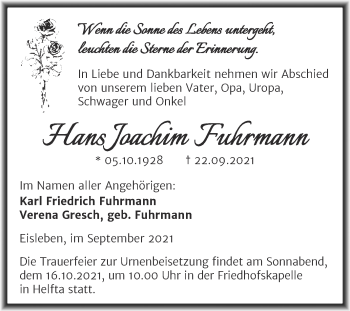 Traueranzeige von Hans Joachim Fuhrmann von Trauerkombi Mansfelder Land