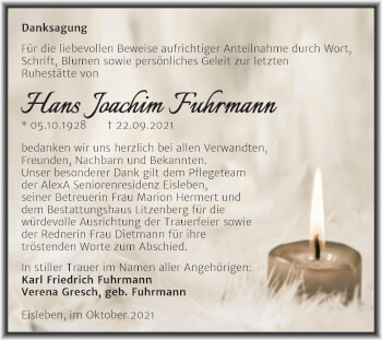 Traueranzeige von Hans Joachim Fuhrmann von Trauerkombi Mansfelder Land