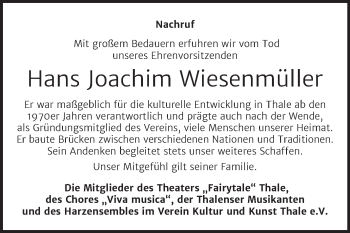 Traueranzeige von Hans Joachim Wiesenmüller von Trauerkombi Quedlinburg