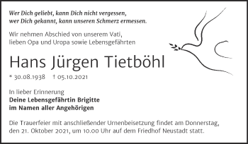 Traueranzeige von Hans Jürgen Tietböhl von Mitteldeutsche Zeitung Halle/Saalkreis