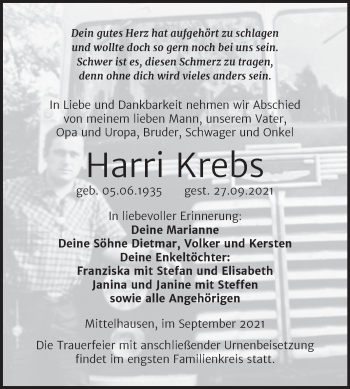 Traueranzeige von Harri Krebs von Trauerkombi Sangerhausen