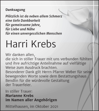 Traueranzeige von Harri Krebs von Trauerkombi Sangerhausen