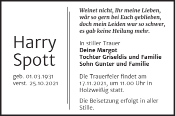 Traueranzeige von Harry Spott von Trauerkombi Bitterfeld