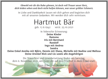 Traueranzeige von Hartmut Bär von Trauerkombi Köthen