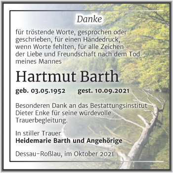 Traueranzeige von Hartmut Barth von Trauerkombi Dessau