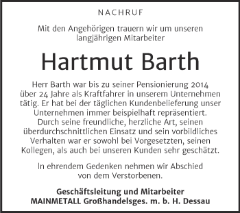 Traueranzeige von Hartmut Barth von Mitteldeutsche Zeitung Dessau-Roßlau