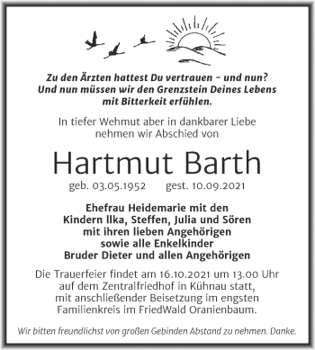 Traueranzeige von Hartmut Barth von Trauerkombi Dessau
