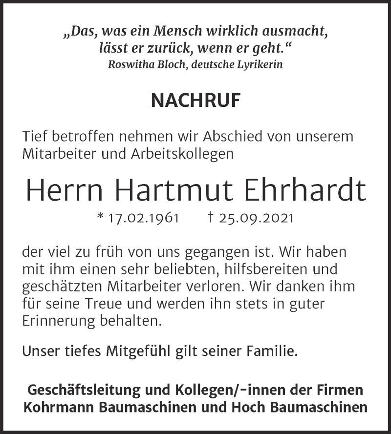  Traueranzeige für Hartmut Ehrhardt vom 05.10.2021 aus Naumburger Tageblatt