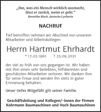 Traueranzeige von Hartmut Ehrhardt von Naumburger Tageblatt