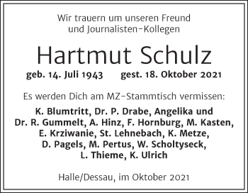 Traueranzeige von Hartmut Schulz von Mitteldeutsche Zeitung Dessau-Roßlau