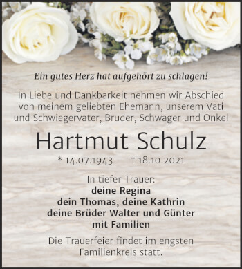 Traueranzeige von Hartmut Schulz von Trauerkombi Dessau