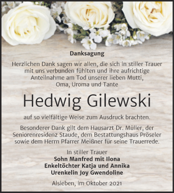 Traueranzeige von Hedwig Gilewski von Trauerkombi Bernburg