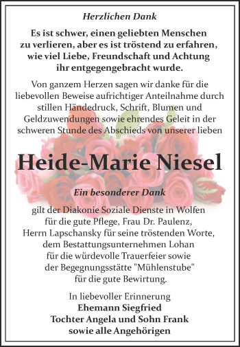 Traueranzeige von Heide-Marie Niesel von Trauerkombi Bitterfeld