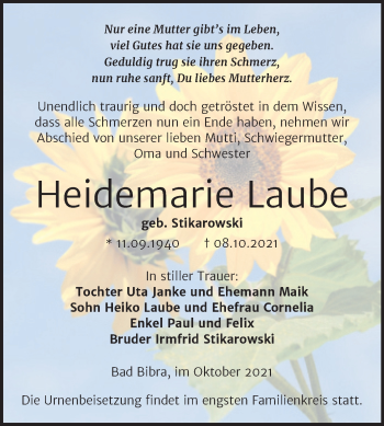 Traueranzeige von Heidemarie Laube von Naumburger Tageblatt