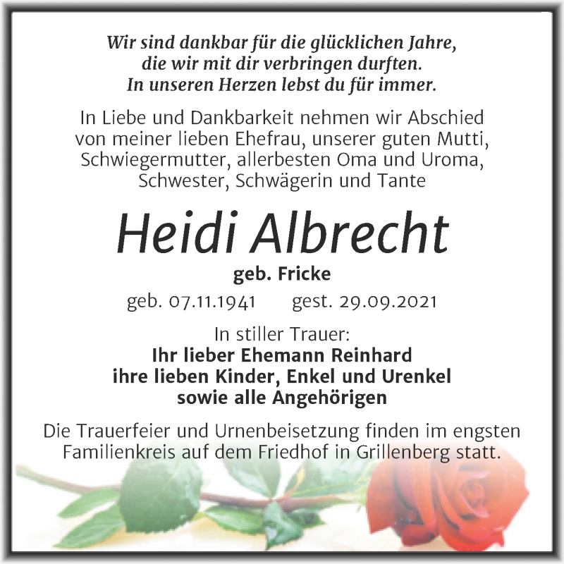  Traueranzeige für Heidi Albrecht vom 09.10.2021 aus Trauerkombi Sangerhausen