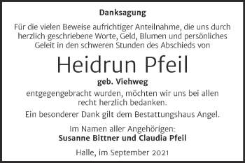 Traueranzeige von Heidrun Pfeil von Mitteldeutsche Zeitung Halle/Saalkreis