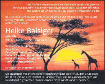 Traueranzeige von Heike Balsiger von Trauerkombi Wittenberg