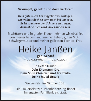 Traueranzeige von Heike Janßen von Trauerkombi Weißenfels