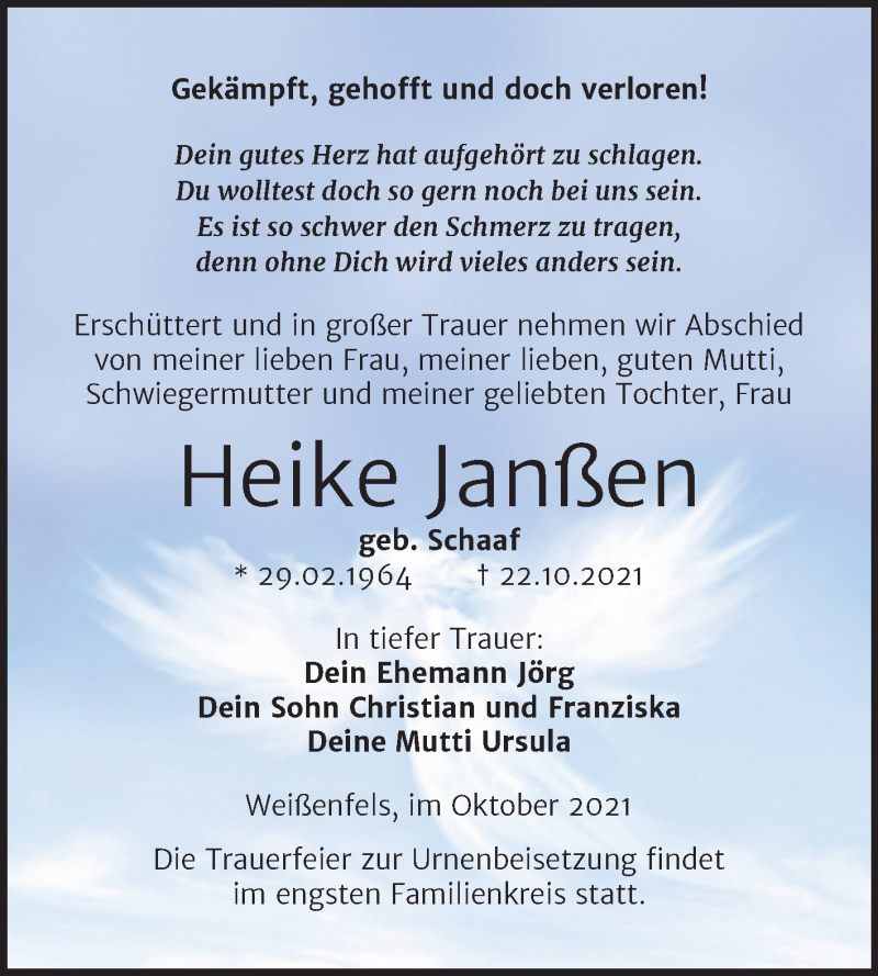  Traueranzeige für Heike Janßen vom 30.10.2021 aus Trauerkombi Weißenfels