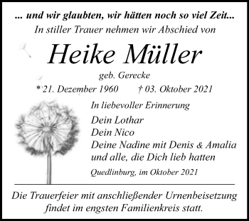 Traueranzeige von Heike Müller von Trauerkombi Quedlinburg