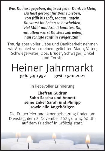 Traueranzeige von Heiner Jahrmarkt von Trauerkombi Köthen