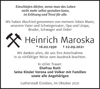 Traueranzeige von Heinrich Maroska von Trauerkombi Mansfelder Land