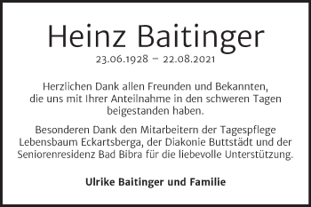 Traueranzeige von Heinz Baitinger von Super Sonntag Naumburg/Nebra